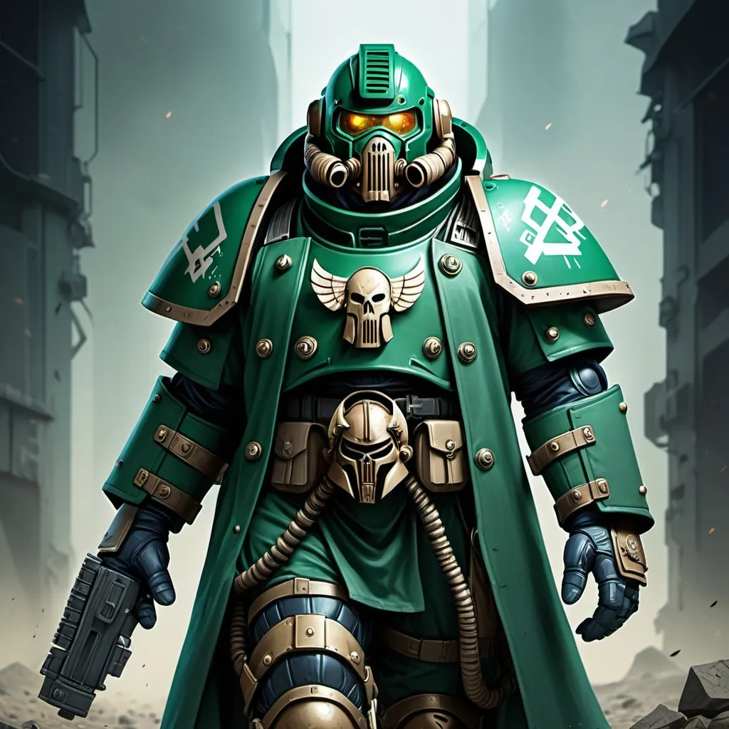 Prompt: Sci-fi space marine wearing power armor and trench coat with emerald norse runes wearing face mask helmet 