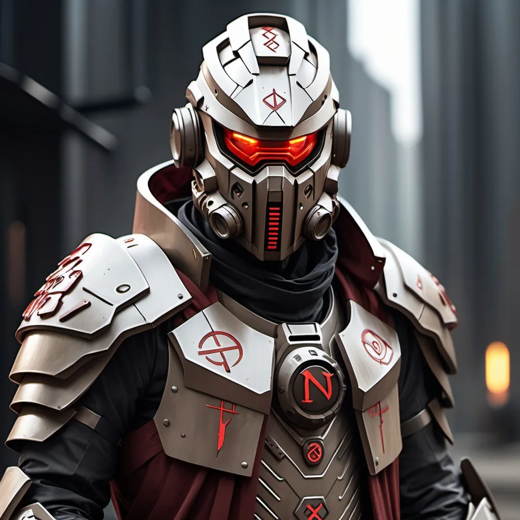 Prompt: Sci-fi Knight wearing halo power armor and trench coat with crimson norse runes wearing face mask helmet 