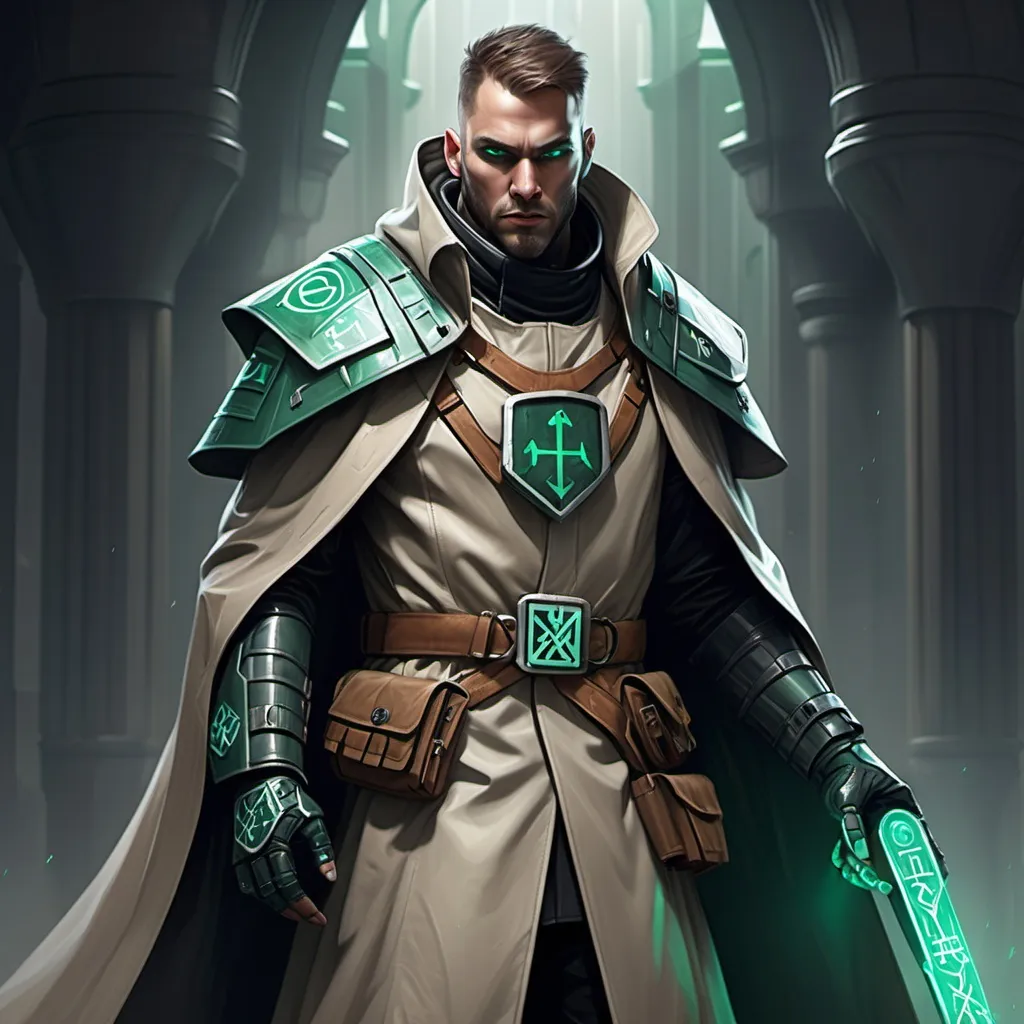 Prompt: Sci-fi Templar wearing armored trench coat with emerald norse runes