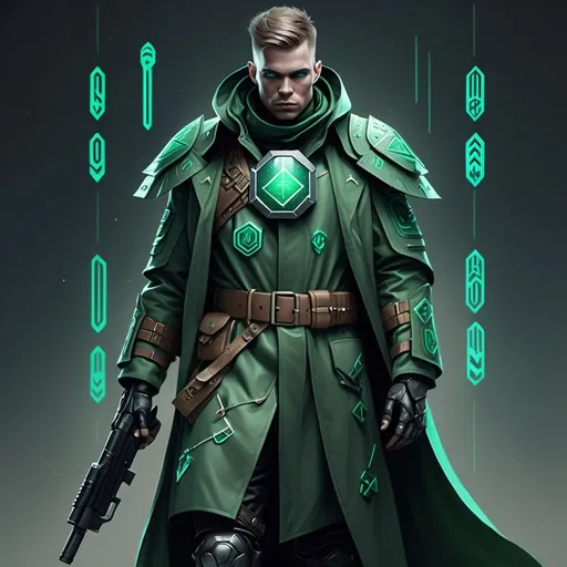 Prompt: Sci-fi soldier wearing armored trench coat with emerald norse runes