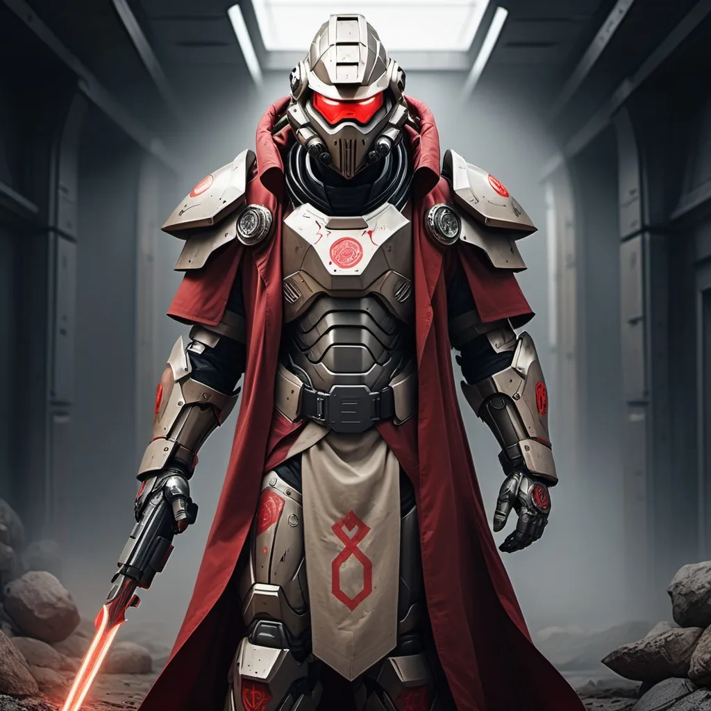 Prompt: Sci-fi Knight wearing halo power armor and trench coat with crimson norse runes wearing face mask helmet 
