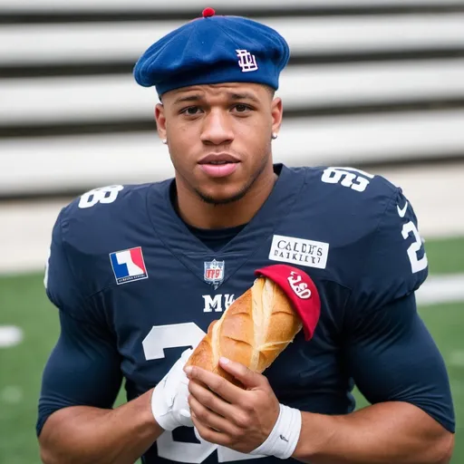 Prompt: Saquon Barkley football player, wearing a french berret. Holding a baguette
