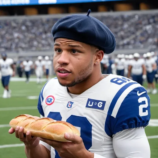 Prompt: Saquon Barkley football player, wearing a french berret. Holding a baguette
