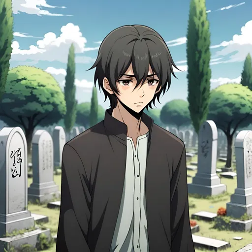 Prompt: Medium Hair sad man back in the muslim cemetery  anime