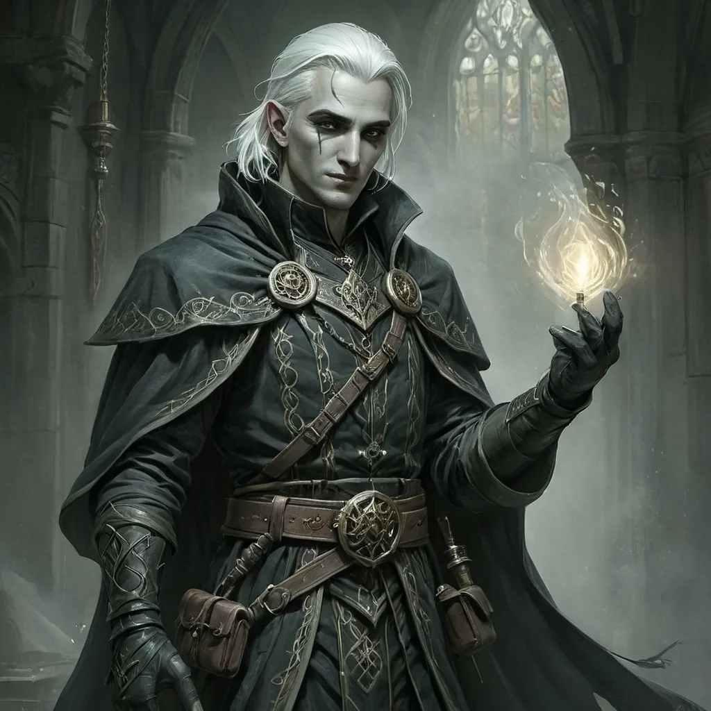 Prompt: Shadar-Kai male inquisitor rogue and trickery domain cleric, full body portrait, detective healer, investigating scene, high quality, detailed, fantasy, dark and mysterious, detailed facial features, realistic fantasy art, intricate clothing, magical disguise, stealthy and mystical, atmospheric shadows, pale Skin, Drow Skin color, timid and observant joyful and happy