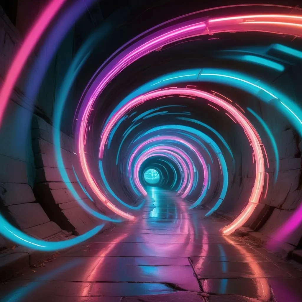 Prompt: A breathtaking, high-speed journey through the fabric of time, bathed in ethereal neon colors. The scene blurs as vivid streaks of electric blues, radiant purples, and glowing pinks warp and twist around you, creating a tunnel of light that pulses with energy. Time itself feels fluid, as ancient ruins, futuristic cities, and shifting landscapes flash by in an instant. Neon clocks and abstract symbols whirl alongside, flickering in and out of existence as you're propelled forward at unimaginable speed. The atmosphere is otherworldly and surreal, with a sense of being caught between dimensions—where past, present, and future collide in a mesmerizing, high-velocity cascade of light and color. spiral