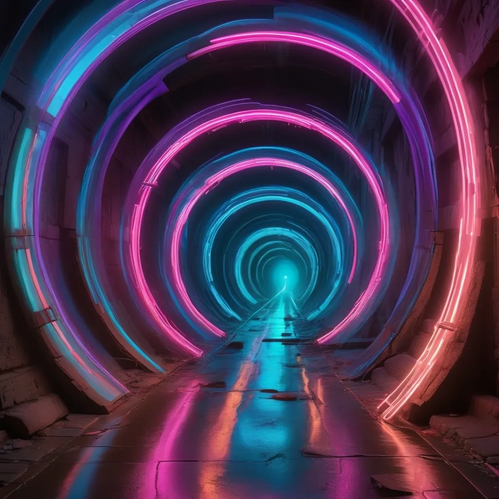 Prompt: A breathtaking, high-speed journey through the fabric of time, bathed in ethereal neon colors. The scene blurs as vivid streaks of electric blues, radiant purples, and glowing pinks warp and twist around you, creating a tunnel of light that pulses with energy. Time itself feels fluid, as ancient ruins, futuristic cities, and shifting landscapes flash by in an instant. Neon clocks and abstract symbols whirl alongside, flickering in and out of existence as you're propelled forward at unimaginable speed. The atmosphere is otherworldly and surreal, with a sense of being caught between dimensions—where past, present, and future collide in a mesmerizing, high-velocity cascade of light and color.