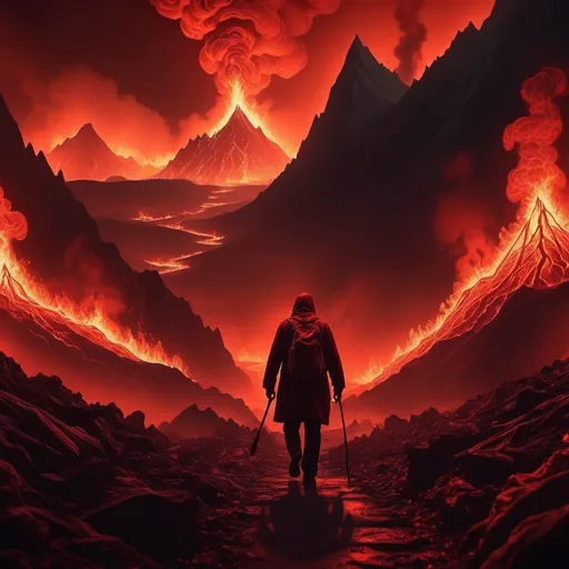 Prompt: Hellscape, Hell, red lighting, hellish mountains and fire, smoke, man walking through Hell GIVE 4K QUALITY

