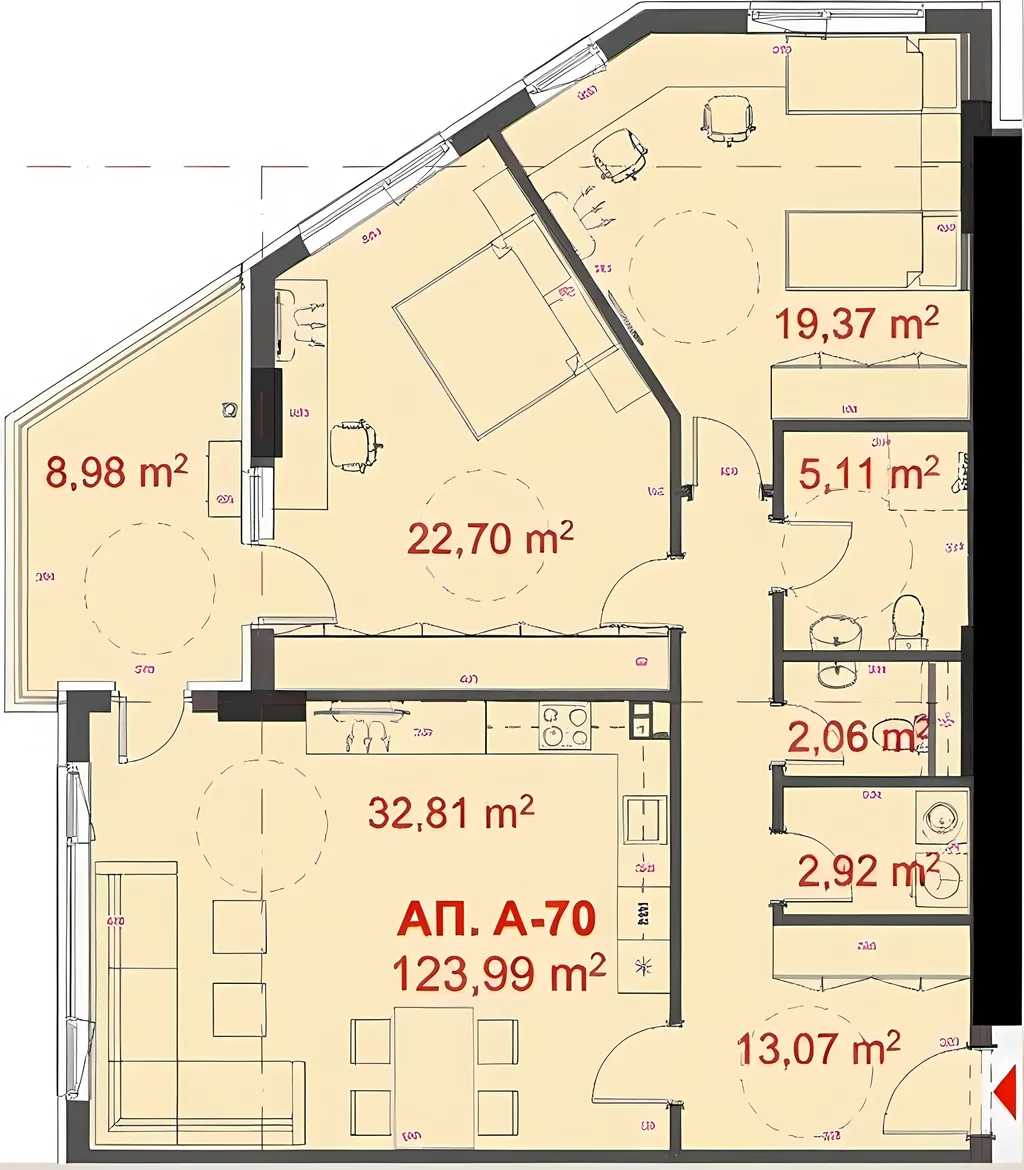 Prompt: a floor plan of a two bedroom apartment with a kitchen and living room area in the middle of the floor, El Lissitzky, superflat, isometric view, a digital rendering