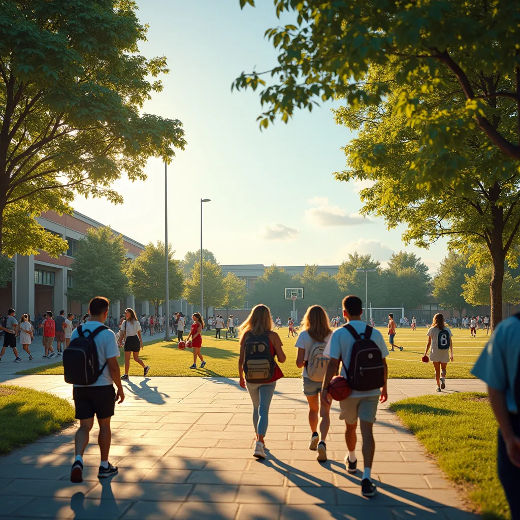 Prompt: STUDENTS WALLKING IN SCHOOL WITH BASKETBALL COURT ,FOOTBALL COURT IN THE BACKGROUND
