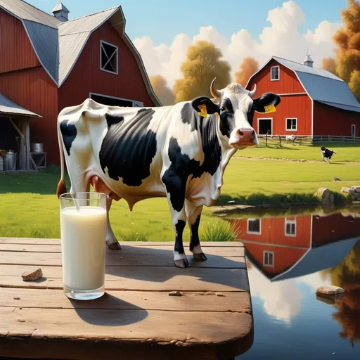 Prompt: a cow standing next to a glass of milk on a wooden table next to a barn and a pond, Chris LaBrooy, fantastic realism, highly detailed digital painting, a detailed painting