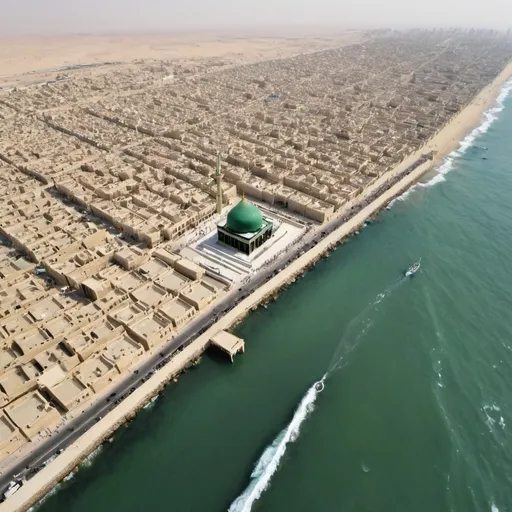 Prompt: Ocean surrounding imam Ali shrine from sky point of view