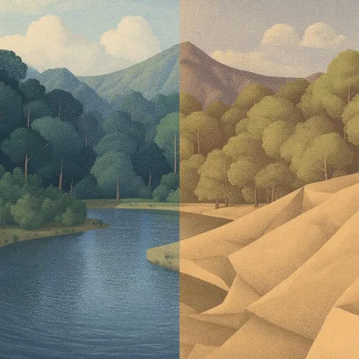 Prompt: Amazon Forest separated by a lake, green blue and brown Colors