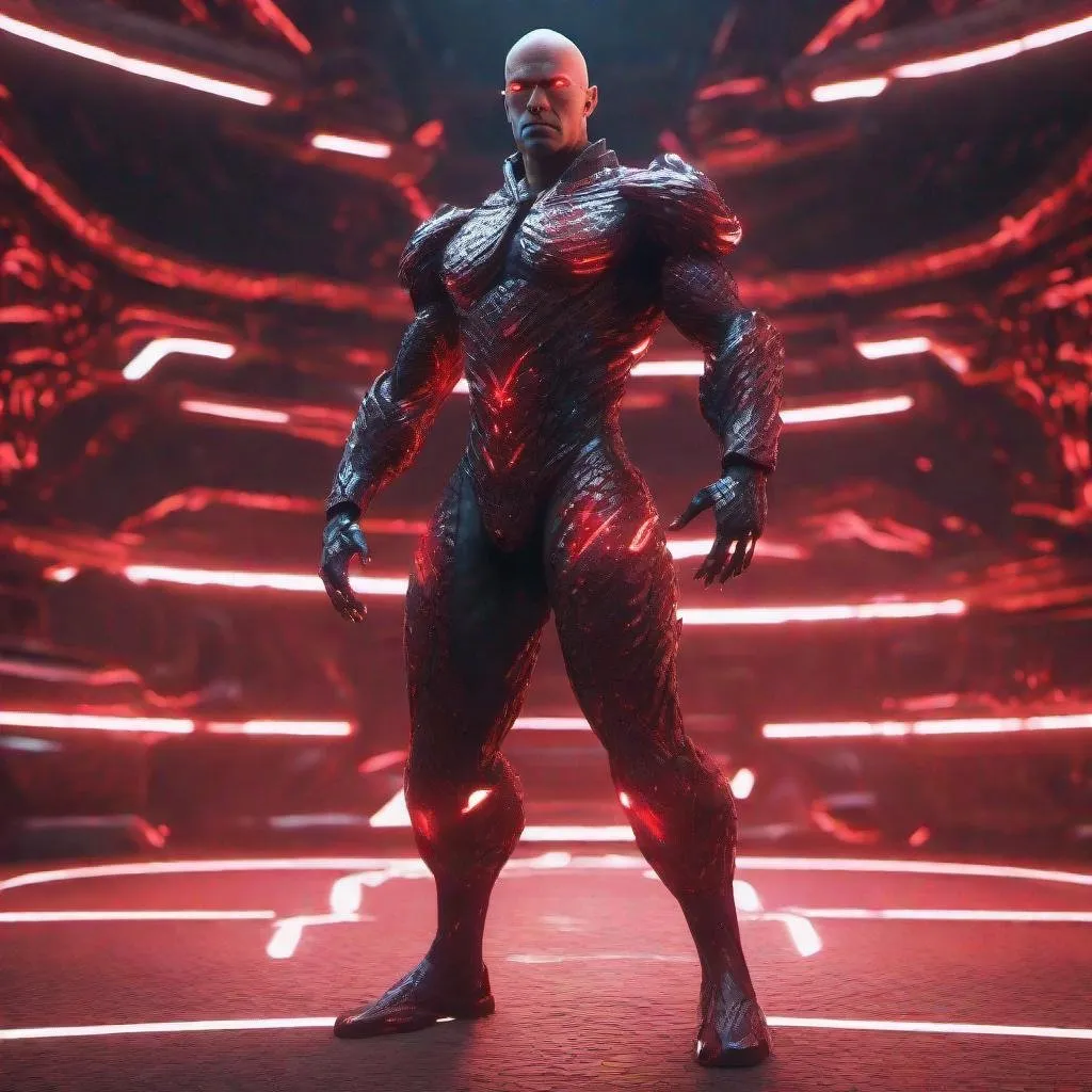 Prompt: a tall bald dark matter and red skinned masculine and muscular cyber humanoid with, glowing red futuristic cybernetics around his body, he has red eyes and his skin are in the texture of dragon scales, standing in a powerful pose, made with DALLE 3, unreal engine 5, 3D cinematic render, high resolution, 4k, detailed, high quality, professional, wide view