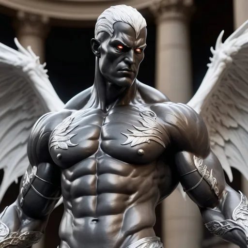 Prompt:  showcasing a cinematic masterpiece of a fully-detailed charcoal striated muscle man statue. The statue features a bald and clean-shaven appearance, with serious white eyes that exude a captivating glow, dragon skin texture. Surrounding the statue is a swirling aura of silver-white energy with . The image is rendered in stunning 8k resolution, delivering a hyper-realistic and cinematic experience. The composition prominently displays the statue's full physique, with flaming white arm tattoos, glowing white eyes, giant wings and a broadsword, made with DALLE 3, unreal engine 5, 3D render, 