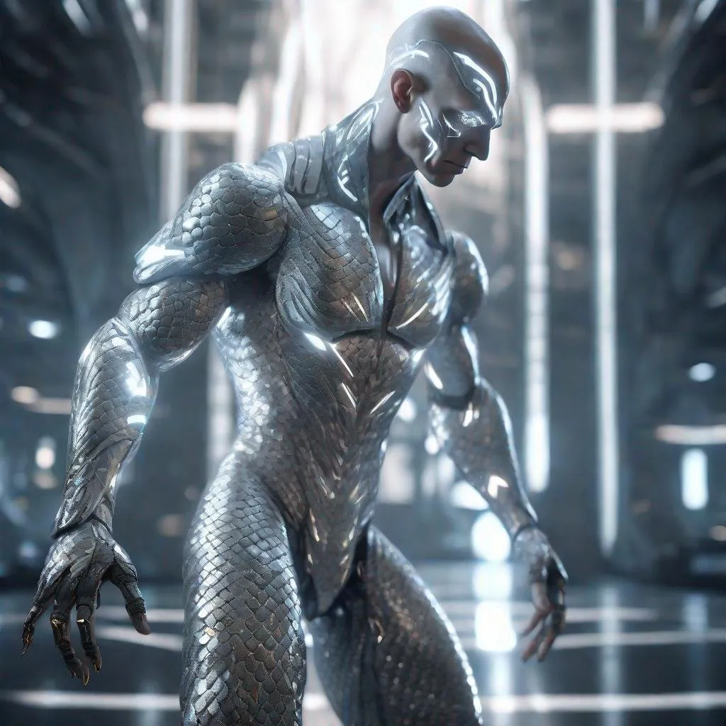 Prompt: a tall bald silver and platinum skinned masculine and muscular cyber humanoid with, glowing white futuristic cybernetics arms and body, he has white eyes and his skin are in the texture of dragon scales, standing in a powerful pose, made with DALLE 3, unreal engine 5, 3D cinematic render, high resolution, 4k, detailed, high quality, professional, wide view