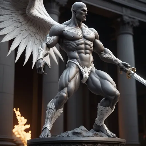 Prompt:  showcasing a cinematic masterpiece of a fully-detailed charcoal striated muscle man statue. The statue features a bald and clean-shaven appearance, with striking white eyes that exude a captivating glow, dragon skin texture. Surrounding the statue is a swirling aura of silver-white energy with . The image is rendered in stunning 8k resolution, delivering a hyper-realistic and cinematic experience. The composition prominently displays the statue's full physique, with flaming white arm tattoos, glowing white eyes, giant wings and a broadsword, made with DALLE 3, unreal engine 5, 3D render, 