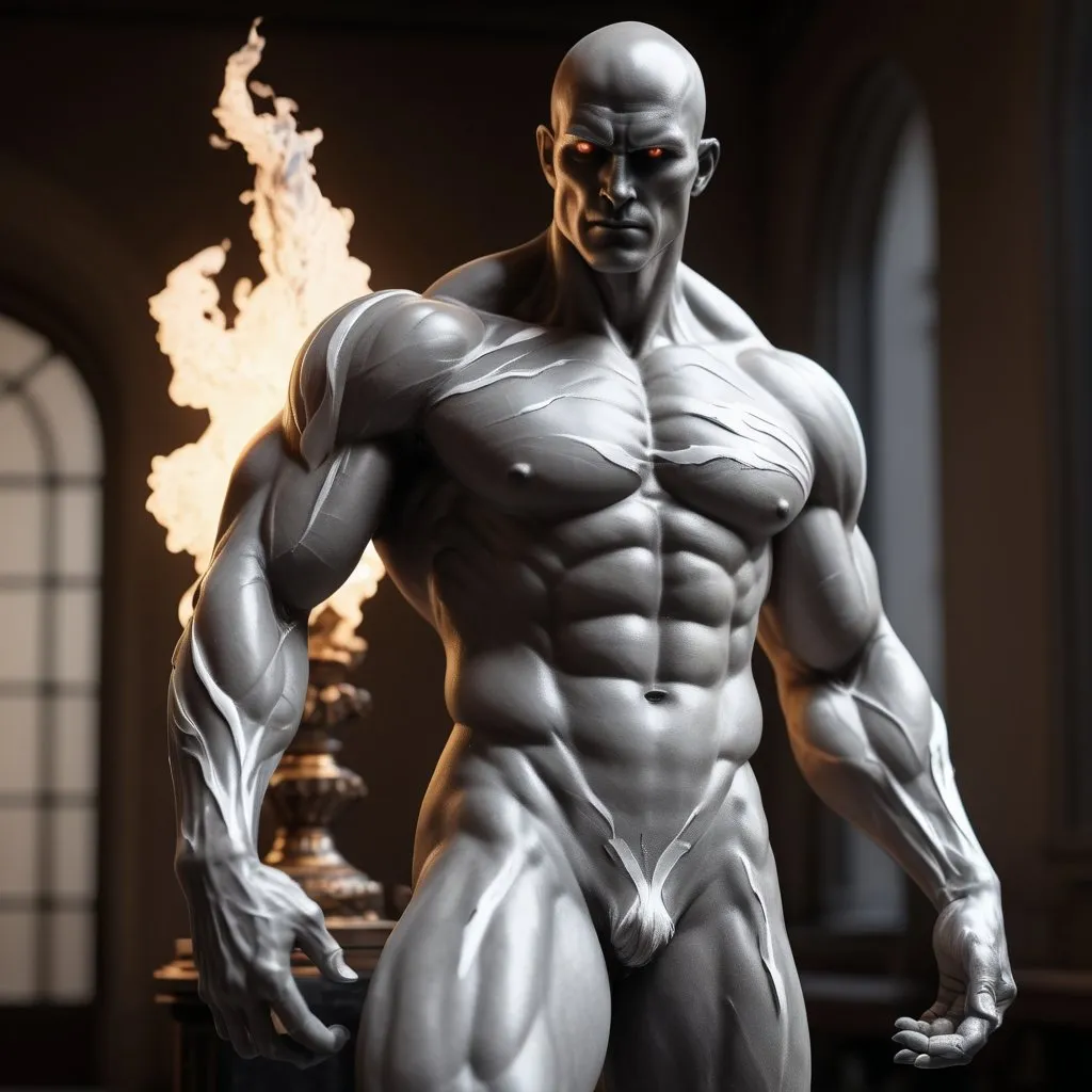 Prompt:  showcasing a cinematic masterpiece of a fully-detailed charcoal striated muscle man statue. The statue features a bald and clean-shaven appearance, with striking white eyes that exude a captivating glow. Surrounding the statue is a swirling aura of silver-white energy with . The image is rendered in stunning 8k resolution, delivering a hyper-realistic and cinematic experience. The composition prominently displays the statue's full physique, with flaming white arm tattoos, glowing white eyes, made with DALLE 3, unreal engine 5, 3D render