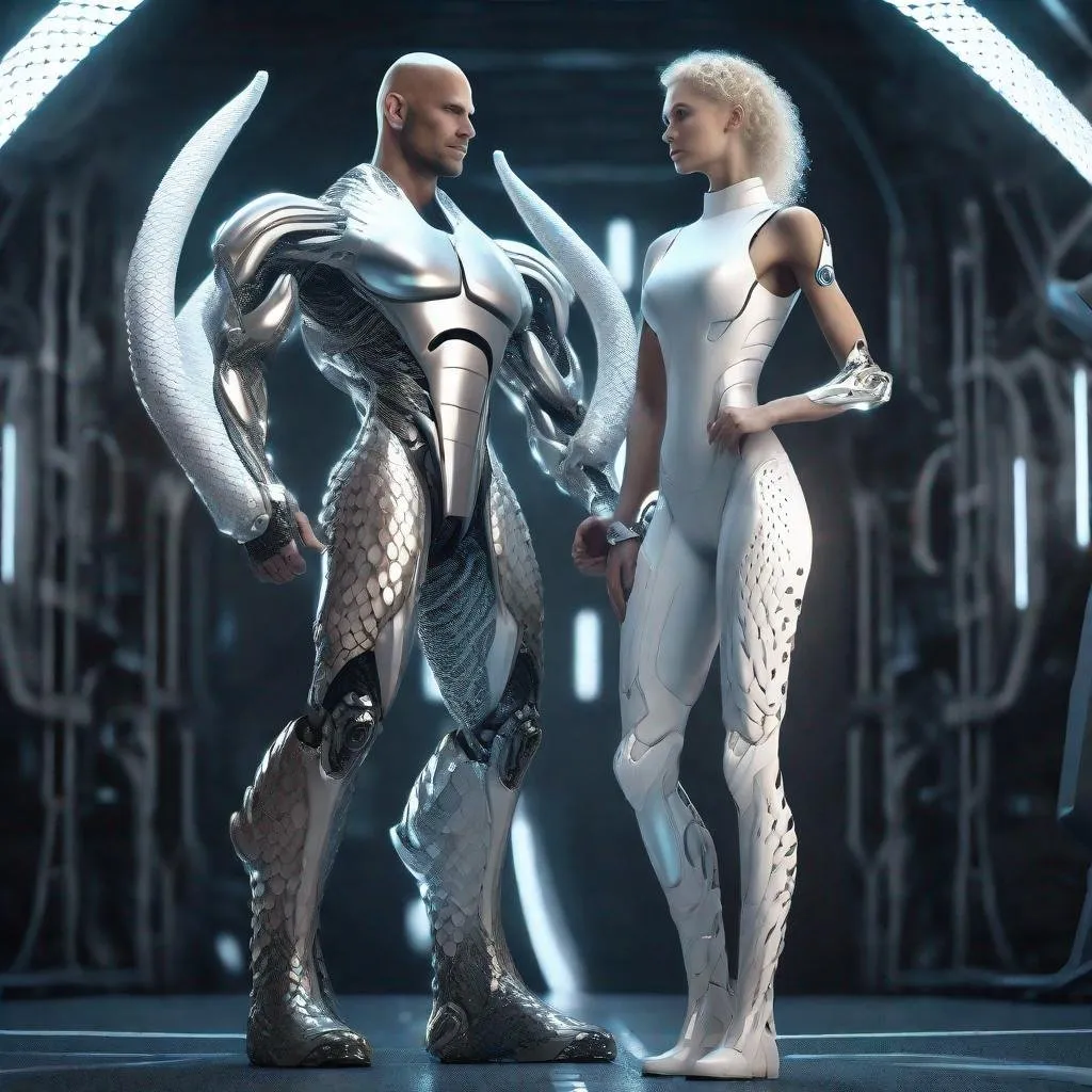 Prompt: a tall bald silver and platinum skinned masculine and muscular cyber humanoid standing next to a curly blonde hair curvy feminine woman with glowing white futuristic cybernetics arms and body, they have white eyes and his skin are in the texture of dragon scales, standing in a powerful pose, made with DALLE 3, unreal engine 5, 3D cinematic render, high resolution, 4k, detailed, high quality, professional, wide view