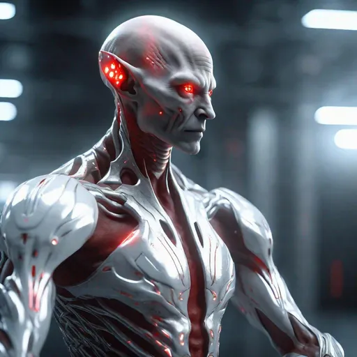 Prompt: a tall bald platinum and silver masculine and muscular alien humanoid with, glowing red futuristic cybernetic arms, he has red eyes and his skin are in the texture of white alien scales, made with DALLE 3, unreal engine 5, 3D cinematic render, high resolution, 4k, detailed, high quality, professional, wide view