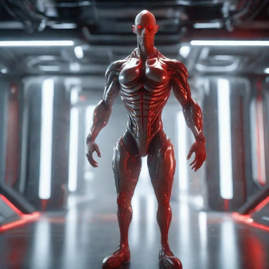 Prompt: a tall bald red and silver masculine and muscular alien humanoid with, glowing red futuristic cybernetics, he has red eyes and his skin are in the texture of white scales, made with DALLE 3, unreal engine 5, 3D cinematic render, high resolution, 4k, detailed, high quality, professional, wide view
