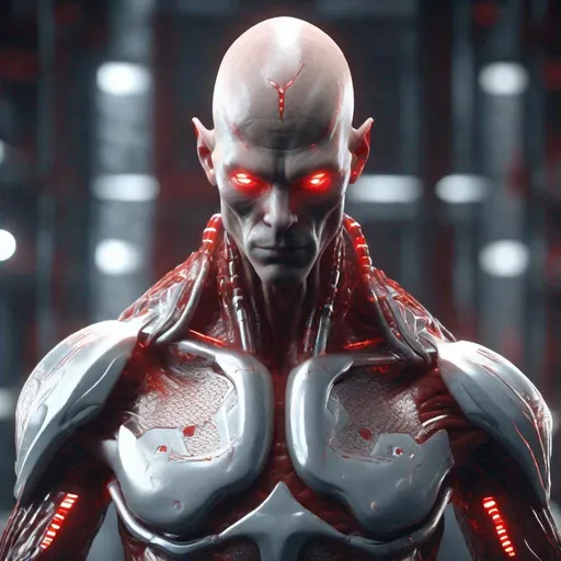 Prompt: a tall bald red and silver masculine and muscular alien humanoid with, glowing red futuristic cybernetics, he has red eyes and his skin are in the texture of white scales, made with DALLE 3, unreal engine 5, 3D cinematic render, high resolution, 4k, detailed, high quality, professional, wide view