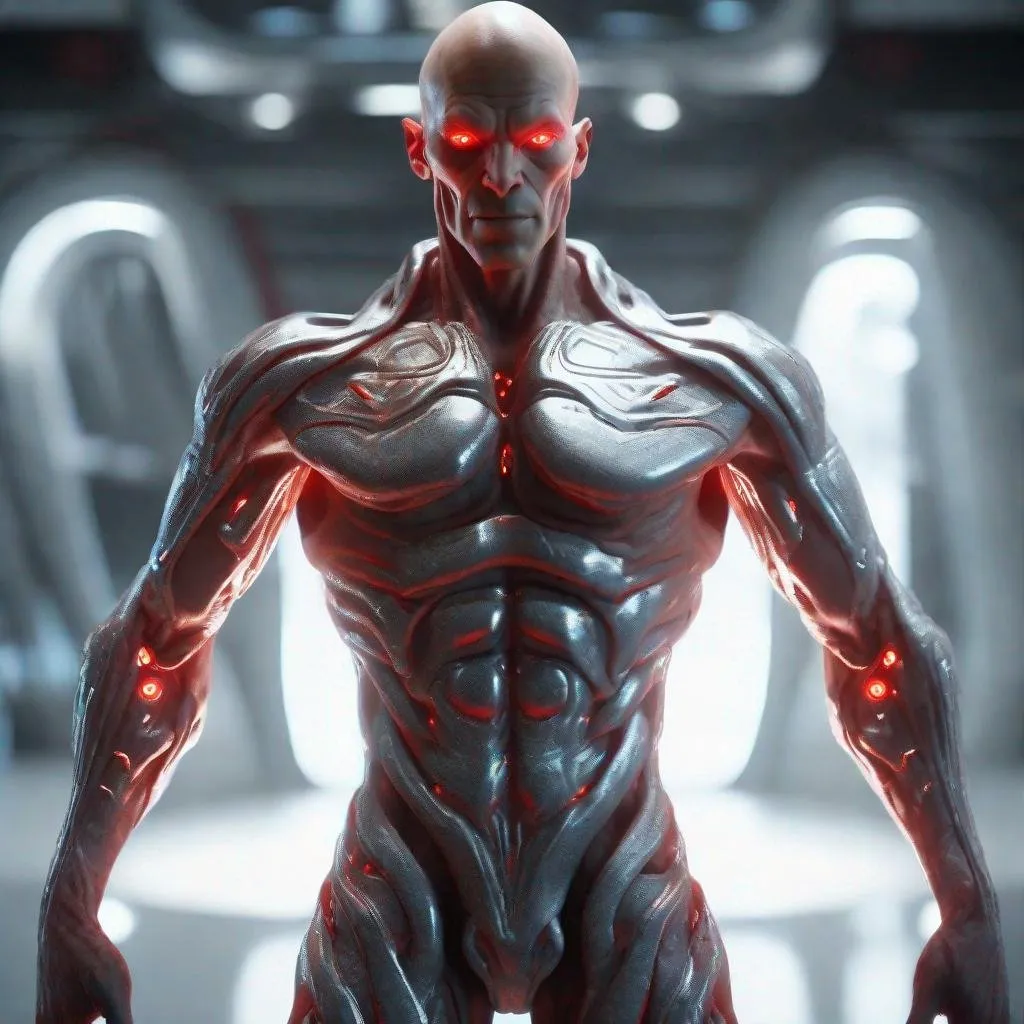 Prompt: a tall bald red and silver masculine and muscular alien humanoid with, glowing red futuristic cybernetics, he has red eyes and his skin are in the texture of white scales, made with DALLE 3, unreal engine 5, 3D cinematic render, high resolution, 4k, detailed, high quality, professional, wide view