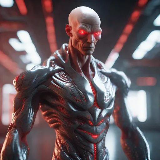 Prompt: a tall bald red and silver masculine and muscular alien humanoid with, glowing red futuristic cybernetics, he has red eyes and his skin are in the texture of white scales, made with DALLE 3, unreal engine 5, 3D cinematic render, high resolution, 4k, detailed, high quality, professional, wide view