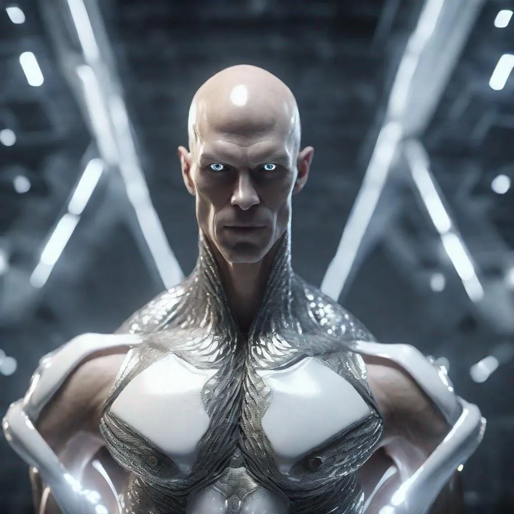 Prompt: a tall bald white and platinum masculine and muscular alien humanoid with, glowing white futuristic cybernetics, he has white eyes and his skin are in the texture of silver scales, made with DALLE 3, unreal engine 5, 3D cinematic render, high resolution, 4k, detailed, high quality, professional, wide view