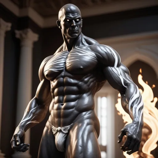 Prompt:  showcasing a cinematic masterpiece of a fully-detailed charcoal striated muscle man statue. The statue features a bald and clean-shaven appearance, with striking white eyes that exude a captivating glow. Surrounding the statue is a swirling aura of silver-white energy with . The image is rendered in stunning 8k resolution, delivering a hyper-realistic and cinematic experience. The composition prominently displays the statue's full physique, with flaming white arm tattoos, glowing white eyes, made with DALLE 3, unreal engine 5, 3D render