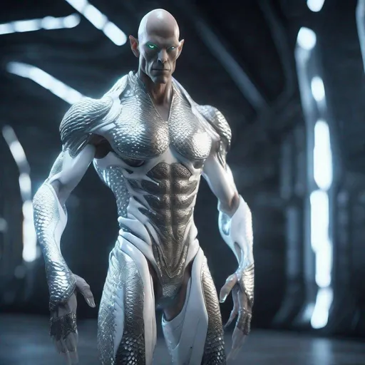 Prompt: a tall bald silver and platinum skinned masculine and muscular alien humanoid with, glowing white futuristic cybernetics arms and body, he has white eyes and his skin are in the texture of dragon scales, standing in a powerful pose, made with DALLE 3, unreal engine 5, 3D cinematic render, high resolution, 4k, detailed, high quality, professional, wide view