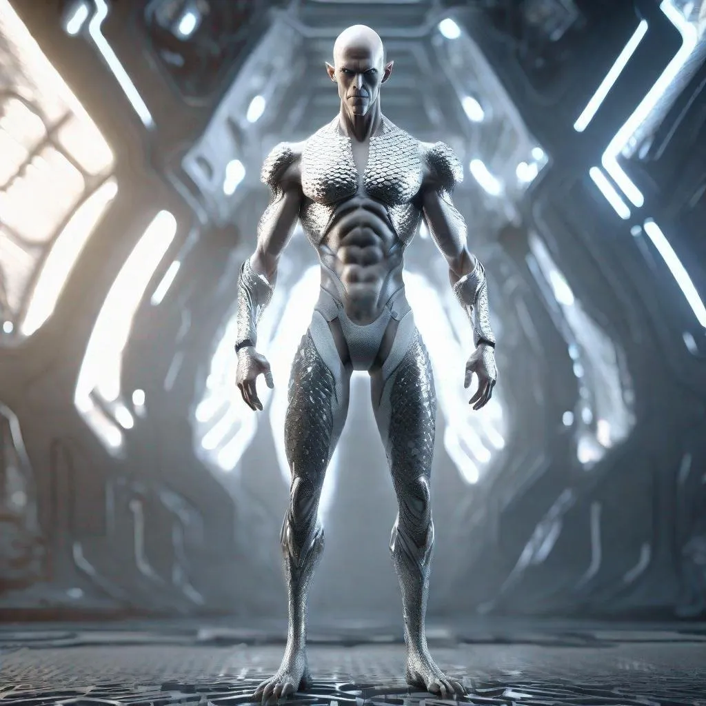 Prompt: a tall bald silver and platinum skinned masculine and muscular alien humanoid with, glowing white futuristic cybernetics arms and body, he has white eyes and his skin are in the texture of dragon scales, standing in a powerful pose, made with DALLE 3, unreal engine 5, 3D cinematic render, high resolution, 4k, detailed, high quality, professional, wide view