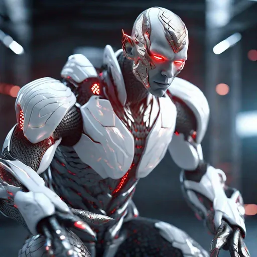 Prompt: a tall bald white and silver skinned masculine and muscular cyber humanoid with glowing white futuristic aesthetic cybernetic armour around his body, he has red eyes and his skin are in the texture of dragon scales, standing in a powerful pose, made with DALLE 3, unreal engine 5, 3D cinematic render, high resolution, 4k, detailed, high quality, professional, wide view