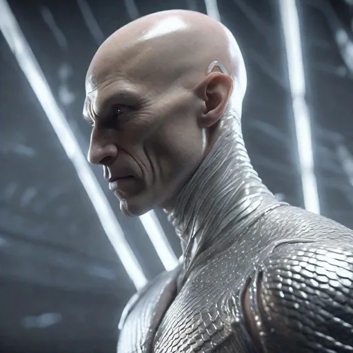 Prompt: a tall bald white and silver masculine and muscular alien humanoid, with, glowing white lines around his body, he has white eyes and his skin are in the texture of silver dragon scales , made with DALLE 3, unreal engine 5, 3D cinematic render, high resolution, 4k, detailed, high quality, professional, wide view