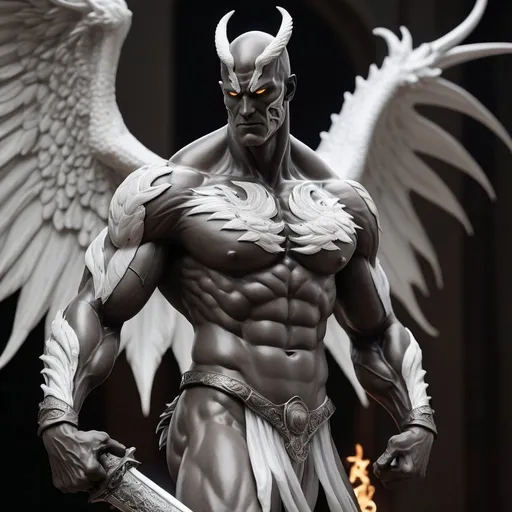 Prompt:  showcasing a cinematic masterpiece of a fully-detailed charcoal striated muscle man statue. The statue features a bald and clean-shaven appearance, with striking white eyes that exude a captivating glow, dragon skin texture. Surrounding the statue is a swirling aura of silver-white energy with . The image is rendered in stunning 8k resolution, delivering a hyper-realistic and cinematic experience. The composition prominently displays the statue's full physique, with flaming white arm tattoos, glowing white eyes, giant wings and a broadsword, made with DALLE 3, unreal engine 5, 3D render, 