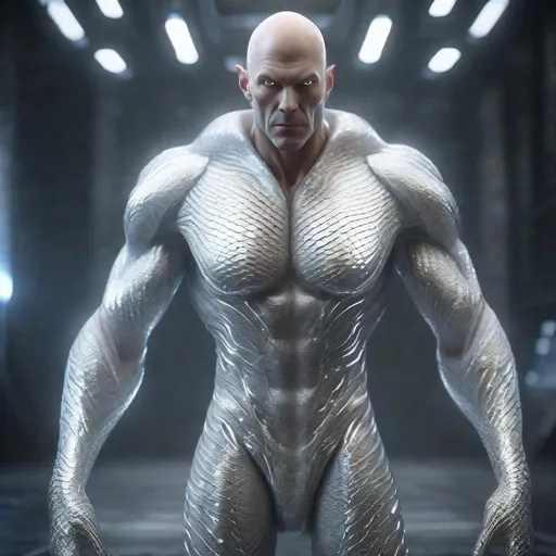 Prompt: a tall bald white and silver masculine and muscular alien humanoid, with, glowing white lines around his body, he has white eyes and his skin are in the texture of silver dragon scales , made with DALLE 3, unreal engine 5, 3D cinematic render, high resolution, 4k, detailed, high quality, professional, wide view