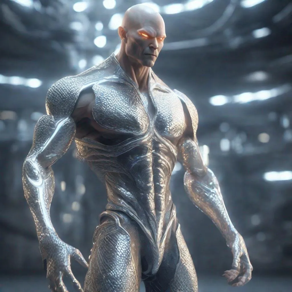 Prompt: a tall bald silver and platinum skinned masculine and muscular alien humanoid with, glowing white futuristic cybernetics, he has white eyes and his skin are in the texture of dragon scales, standing in a powerful pose, made with DALLE 3, unreal engine 5, 3D cinematic render, high resolution, 4k, detailed, high quality, professional, wide view