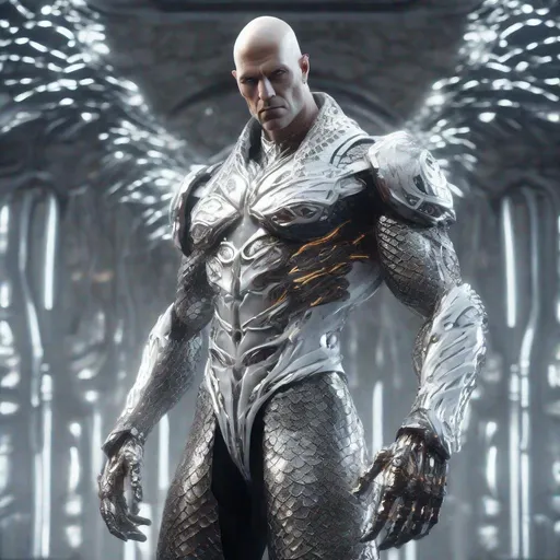 Prompt: A masterpiece of a tall bald white and silver cybernetic masculine and muscular demigod, with silver cybernetic flames on his arms, he has white eyes and his cybernetics are in the texture of dragon scales , made with DALLE 3, unreal engine 5, 3D cinematic render, 