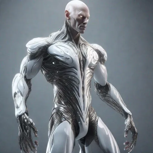 Prompt: a tall bald white and platinum masculine and muscular alien humanoid with, glowing white futuristic cybernetics, he has white eyes and his skin are in the texture of silver scales, made with DALLE 3, unreal engine 5, 3D cinematic render, high resolution, 4k, detailed, high quality, professional, wide view
