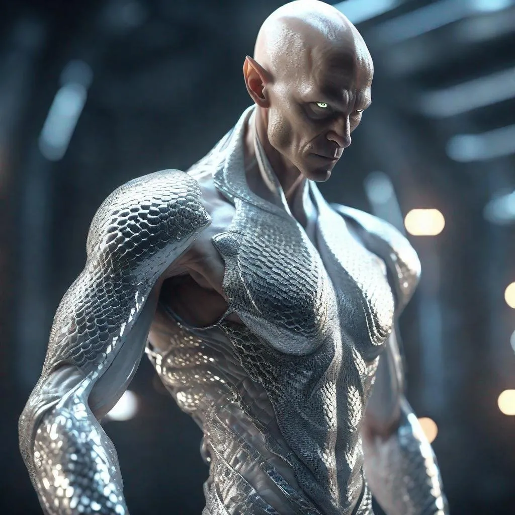 Prompt: a tall bald silver and platinum skinned masculine and muscular alien humanoid with, glowing white futuristic cybernetics arms and body, he has white eyes and his skin are in the texture of dragon scales, standing in a powerful pose, made with DALLE 3, unreal engine 5, 3D cinematic render, high resolution, 4k, detailed, high quality, professional, wide view