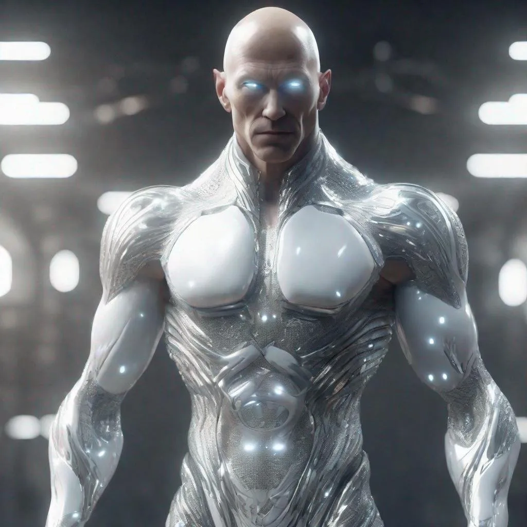 Prompt: a tall bald white and platinum masculine and muscular alien humanoid with, glowing white futuristic cybernetics, he has white eyes and his skin are in the texture of silver scales, made with DALLE 3, unreal engine 5, 3D cinematic render, high resolution, 4k, detailed, high quality, professional, wide view