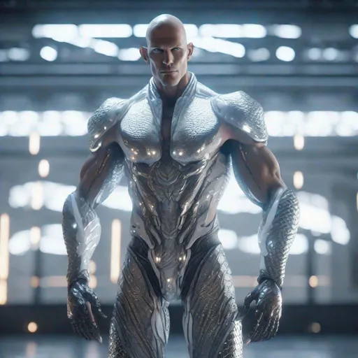 Prompt: a tall bald silver and platinum skinned masculine and muscular cyber humanoid with, glowing white futuristic cybernetics arms and body, he has white eyes and his skin are in the texture of dragon scales, standing in a powerful pose, made with DALLE 3, unreal engine 5, 3D cinematic render, high resolution, 4k, detailed, high quality, professional, wide view
