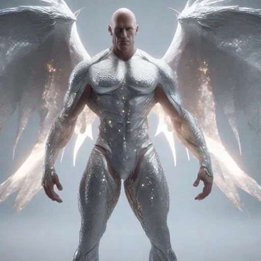 Prompt: a tall bald silver and platinum skinned masculine and hyper muscular angel humanoid with, glowing white divine cybernetics, he has white eyes and his skin are in the texture of neon white dragon scales, standing in a powerful pose, made with DALLE 3, unreal engine 5, 3D cinematic render, high resolution, 4k, detailed, high quality, professional, wide view