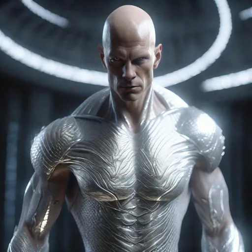 Prompt: A masterpiece of a tall bald white and silver masculine and muscular alien humanoid, with, glowing white lines around his body, he has white eyes and his skin are in the texture of silver dragon scales , made with DALLE 3, unreal engine 5, 3D cinematic render, high resolution, 4k, detailed, high quality, professional, wide view