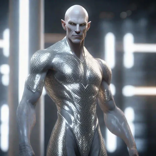 Prompt: a tall bald white and silver masculine and muscular alien humanoid, with, glowing white lines around his body, he has white eyes and his skin are in the texture of silver dragon scales , made with DALLE 3, unreal engine 5, 3D cinematic render, high resolution, 4k, detailed, high quality, professional, wide view