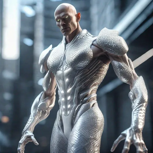 Prompt: a tall bald silver and platinum skinned masculine and muscular alien humanoid with, glowing white futuristic cybernetics arms and body, he has white eyes and his skin are in the texture of dragon scales, standing in a powerful pose, made with DALLE 3, unreal engine 5, 3D cinematic render, high resolution, 4k, detailed, high quality, professional, wide view