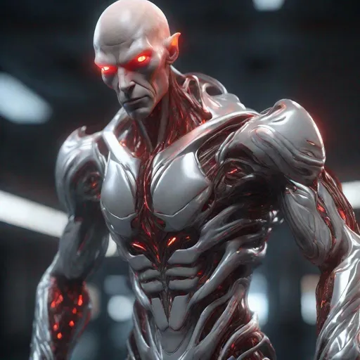 Prompt: a tall bald red and silver masculine and muscular alien humanoid with, glowing red futuristic cybernetics, he has red eyes and his skin are in the texture of white scales, made with DALLE 3, unreal engine 5, 3D cinematic render, high resolution, 4k, detailed, high quality, professional, wide view