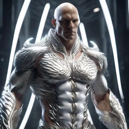 Prompt: A masterpiece of a tall bald white and silver cybernetic masculine and muscular demigod, with platinum flames on his arms, glowing white lines around his body, he has white eyes and his skin are in the texture of silver dragon scales , made with DALLE 3, unreal engine 5, 3D cinematic render, high resolution, 4k, detailed, high quality, professional, wide view