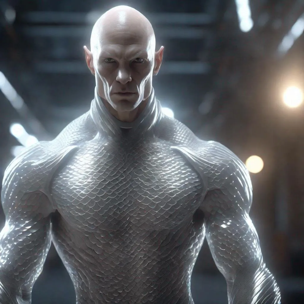 Prompt: a tall bald white and silver masculine and muscular alien humanoid, with, glowing white lines around his body, he has white eyes and his skin are in the texture of silver dragon scales , made with DALLE 3, unreal engine 5, 3D cinematic render, high resolution, 4k, detailed, high quality, professional, wide view