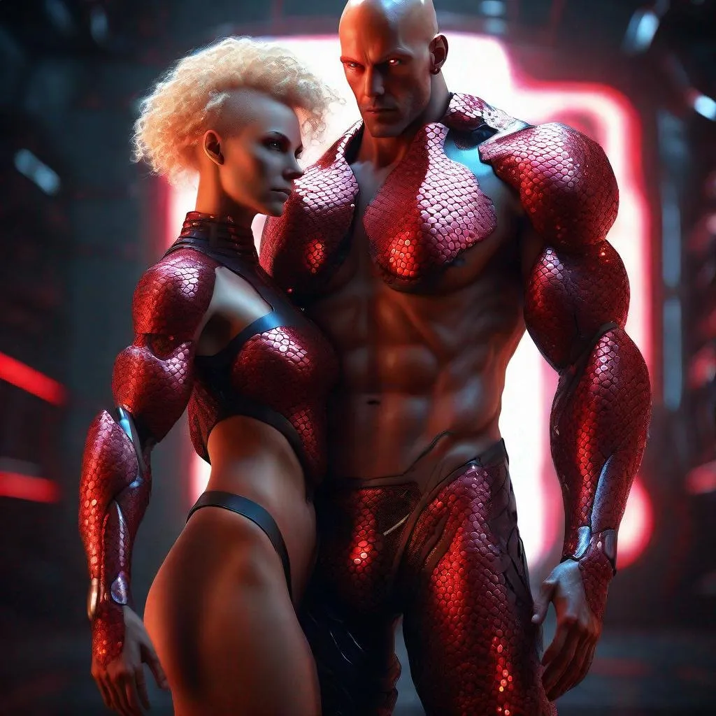 Prompt: a tall bald dark matter and red skinned masculine and muscular cyber humanoid holding a curly hair beautiful feminine woman with blonde hair with glowing red futuristic cybernetics around his body, he has red eyes and his skin are in the texture of dragon scales, standing in a powerful pose, made with DALLE 3, unreal engine 5, 3D cinematic render, high resolution, 4k, detailed, high quality, professional, wide view